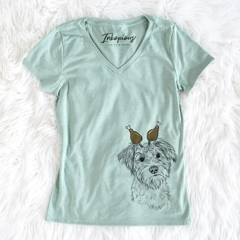 Thanksgiving Birdee the Schnauzer Mix - Women's Perfect V-neck Shirt-- Cashmere Blend Cotton Blend Poly Blend
