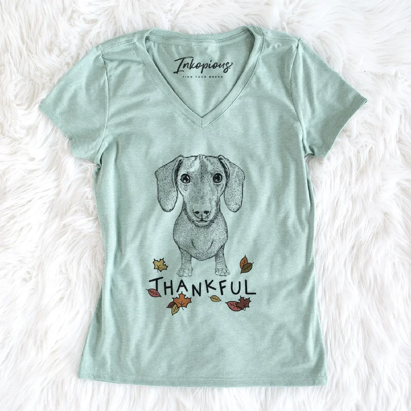 Thankful Ernie the Mini Dachshund - Women's V-neck Shirt -- Basic T-Shirt Crew Neck Short Sleeve