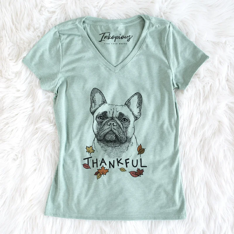 Thankful Kingsleigh the French Bulldog - Women's V-neck Shirt-- Cashmere Blend Cotton Blend Poly Blend