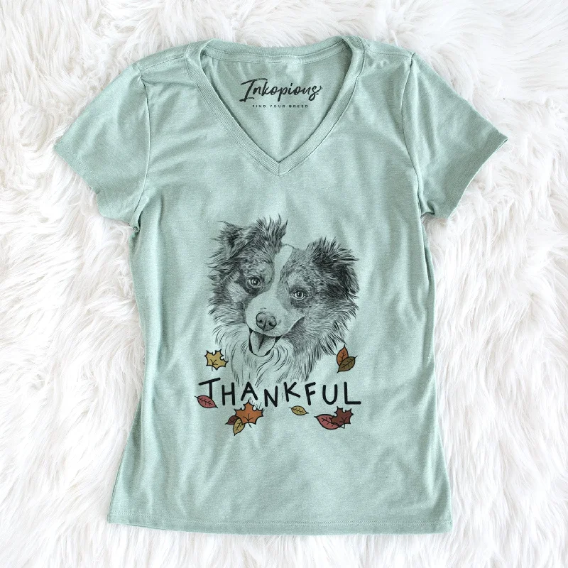 Thankful Doc the Mini Aussie - Women's V-neck Shirt-- V-Neck T-Shirt Long Sleeve Cotton