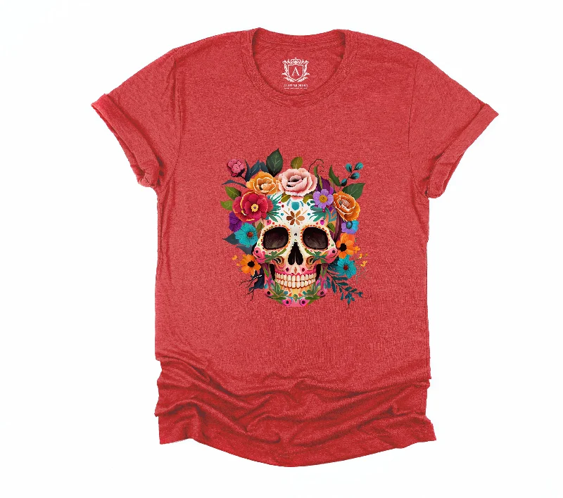 Colorful Sugar Skull Short Sleeves T-Shirt-- Mesh Canvas Denim