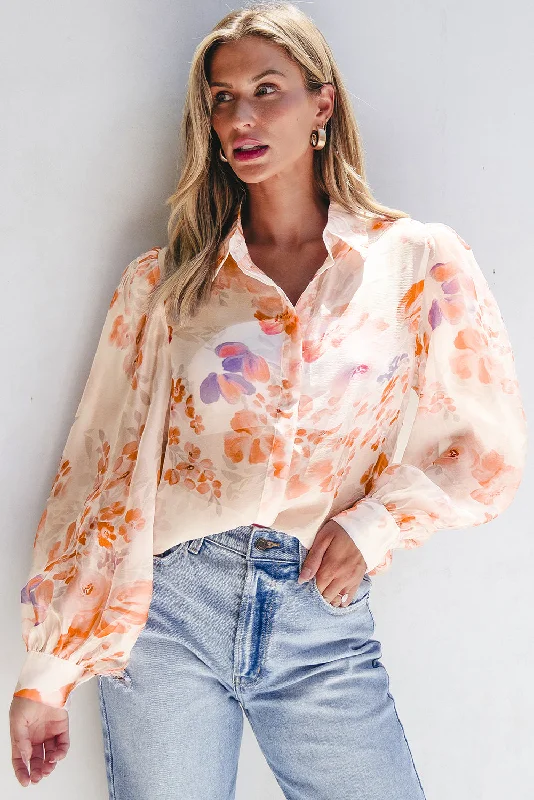 Blue Zone Planet |  White Floral Print Collared Balloon Sleeve Loose Shirt-- Zippered Front Buttoned Front Snap Front