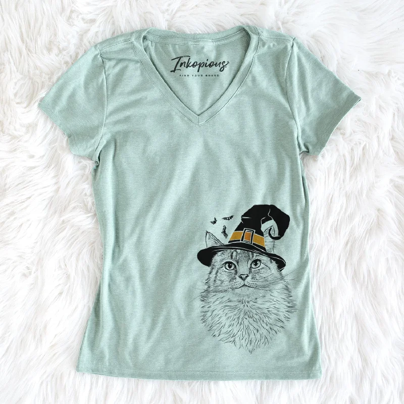Witch Olive the Cat - Women's Perfect V-neck Shirt-- Plaid T-Shirt Polka Dot Checkered