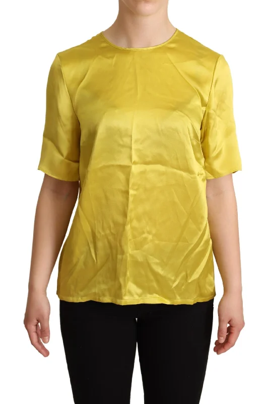 Dolce & Gabbana Elegant Silk Short Sleeve Blouse Top - Women's Yellow Ruffled Neck Blouse