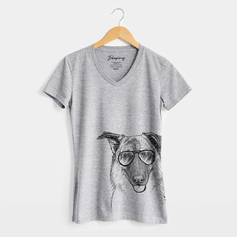 Aviator Henry the German Shepherd - Women's V-neck Shirt-- Asymmetrical Pockets Print