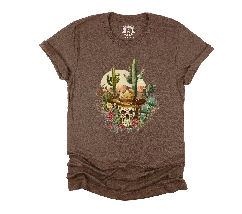 Western Skull Cowboy Cactus Short Sleeves T-Shirt-- Real Fur Shearling Chenille
