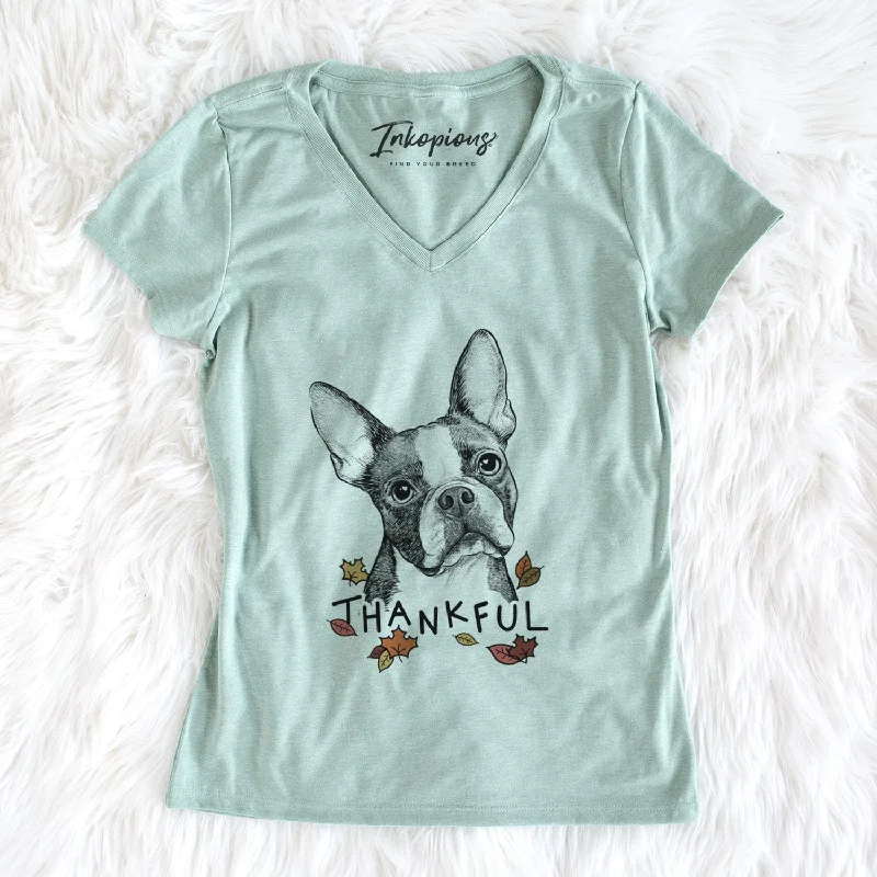 Thankful Dee Dee the Boston Terrier - Women's V-neck Shirt-- Oversized T-Shirt Spandex breathable