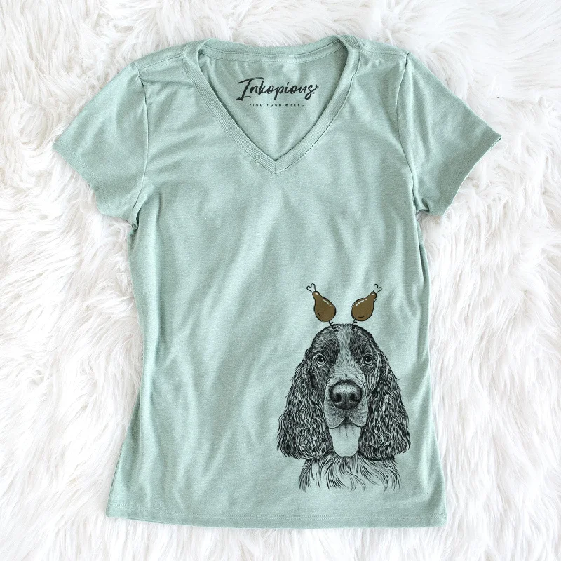 Thanksgiving Duke the English Springer Spaniel - Women's Perfect V-neck Shirt-- Faux Fur Fabric Real Fur Fabric Shearling Fabric