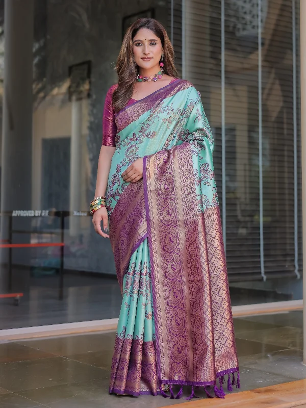 Sonakshi Women's Turquoise Dharmavaram Silk Zari Woven Traditional Saree with Blouse Office Formal Blouse