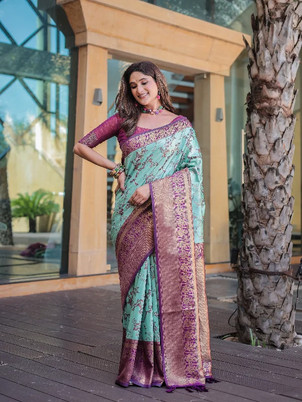 Sonakshi Women's Turquoise Dharmavaram Silk Zari Woven Traditional Saree with Blouse Elegant Lace Blouse