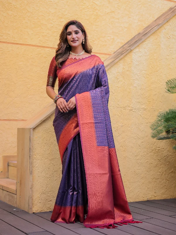 Sonakshi Women's Purple Kanjivaram Silk Zari Woven Traditional Saree with Blouse Versatile Layering Blouse