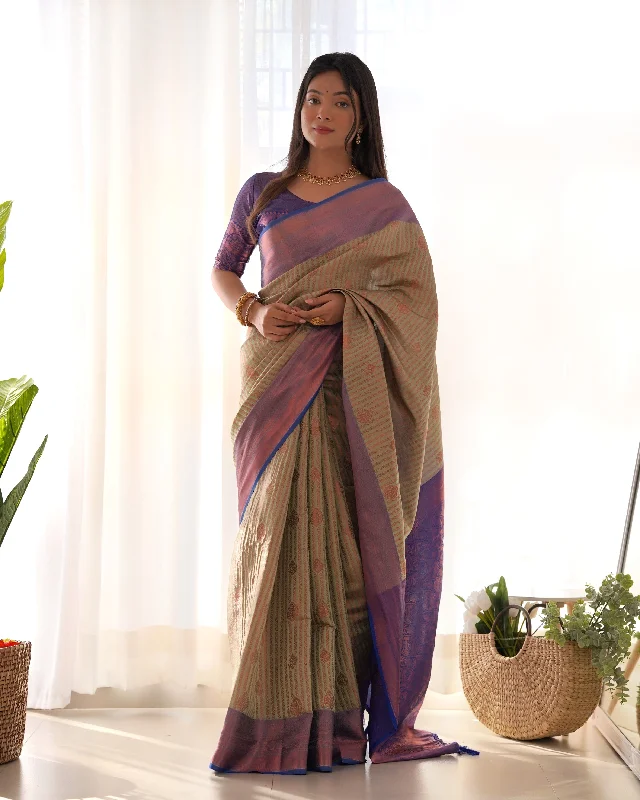 Sonakshi Women's Olive Kanjivaram Silk Zari Woven Traditional Saree with Blouse Lightweight Chiffon Blouse