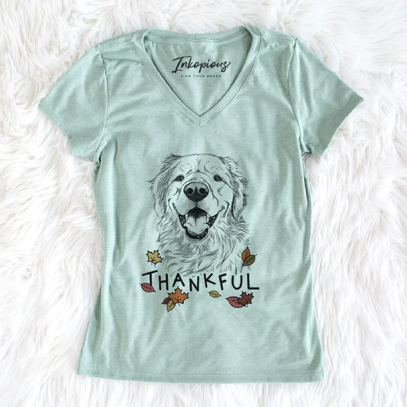 Thankful Roger the Golden Retriever - Women's V-neck Shirt-- Mesh Blend Leather Blend Suede Blend
