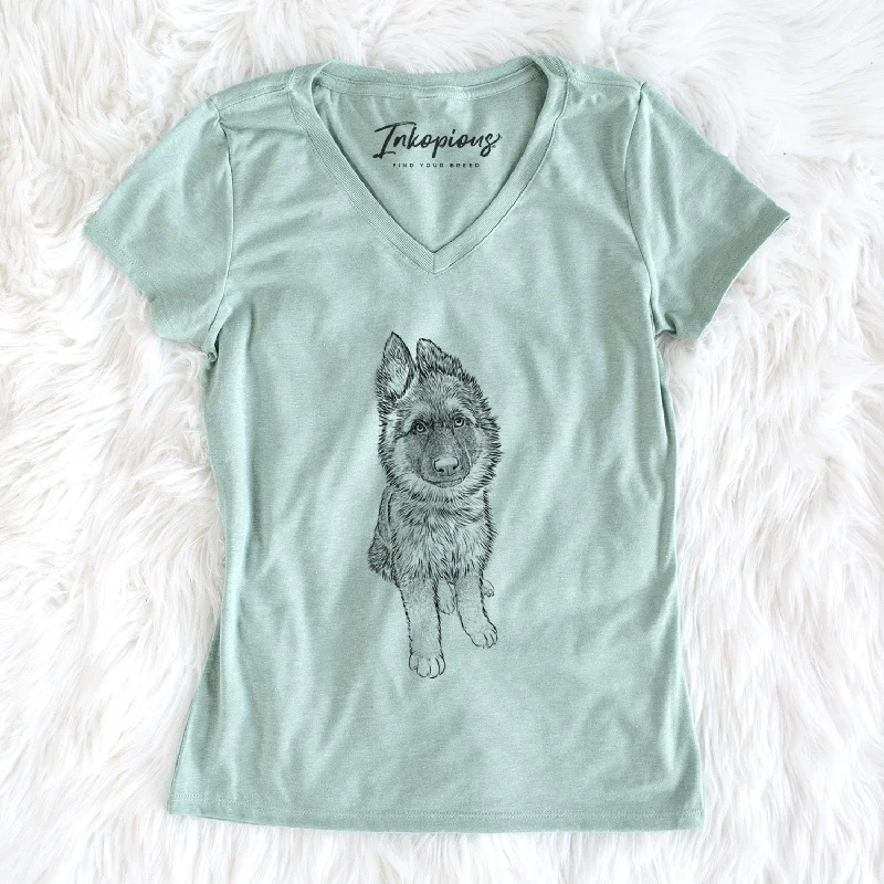 Bare Kuyo the German Shepherd - Women's V-neck Shirt-- Chenille Brocade Lace