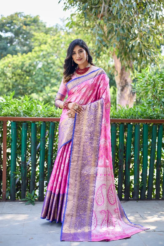 Sonakshi Women's Pink Banarasi Handloom Silk Zari Woven Traditional Saree with Blouse Business Casual Blouse