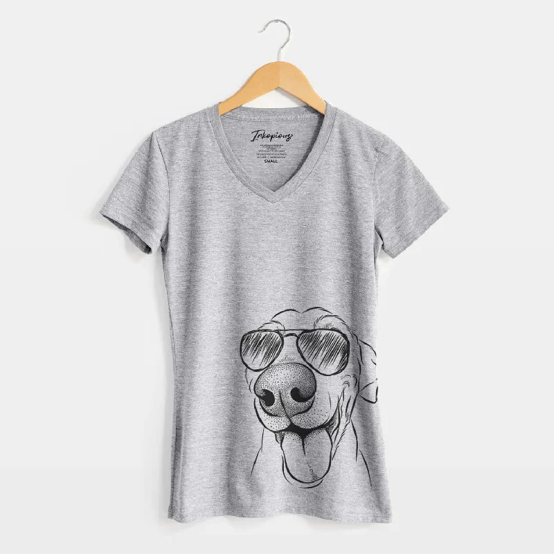 Aviator Buddy the Buddy the Sato / American Village Dog - Women's V-neck Shirt-- Rayon Fabric Velvet Fabric Corduroy Fabric
