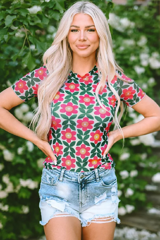 Fiery Red Retro Floral Print Crew Neck T Shirt-- Wool Fabric Cashmere Fabric Tweed Fabric