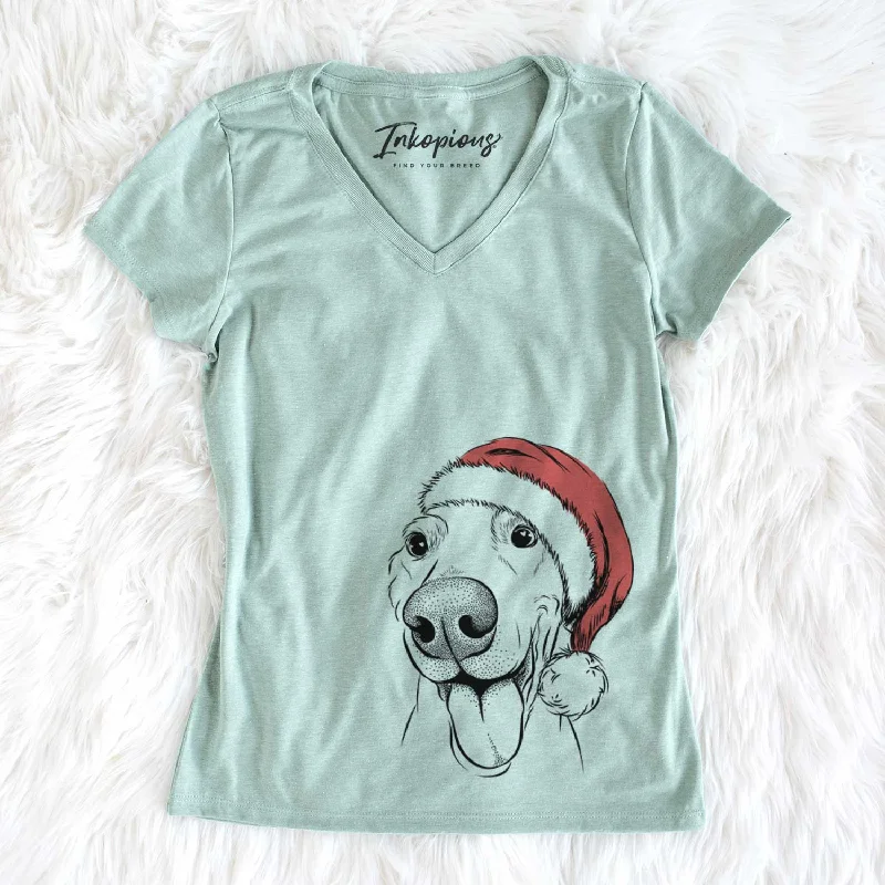 Santa Buddy the Buddy the Sato / American Village Dog - Women's V-neck Shirt-- Fleece Fabric Down Fabric Feather Fabric
