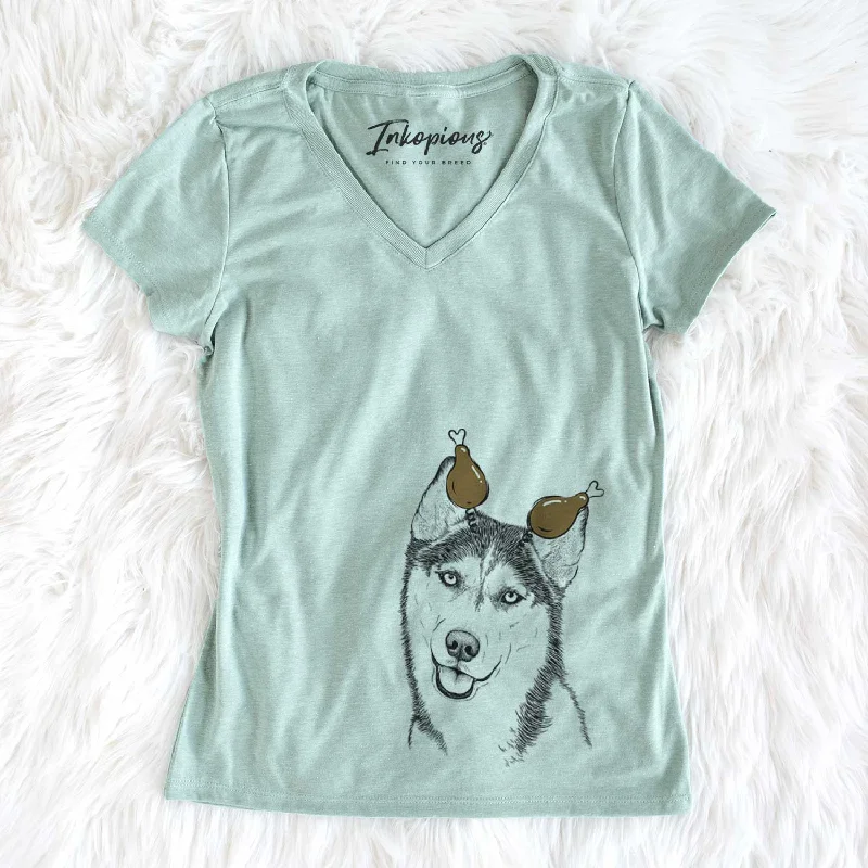 Thanksgiving Remmie the Siberian Husky - Women's V-neck Shirt-- Collared T-Shirt Boat Neck A-Line