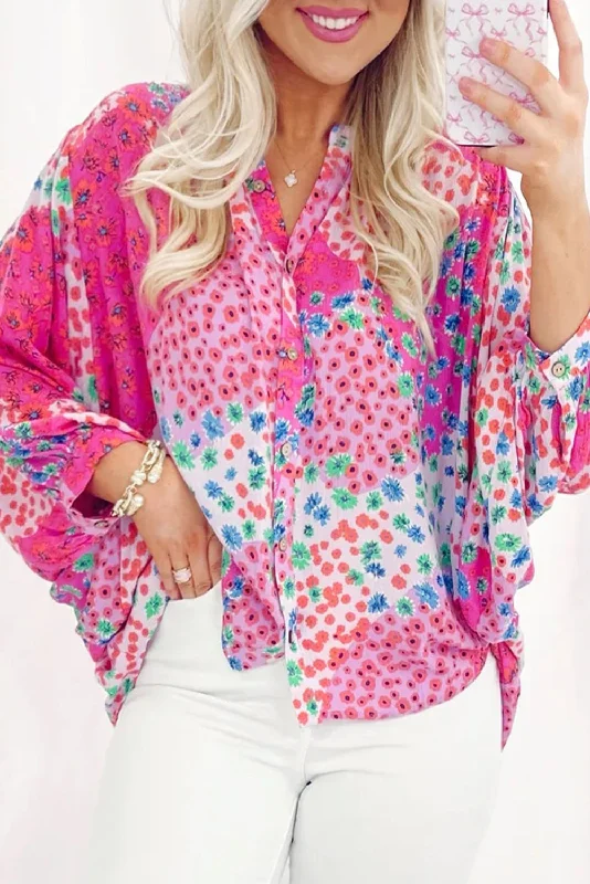 Blue Zone Planet |  Rose Red Floral Allover Print Buttoned V Neck Oversized Shirt-- Cotton Fabric Linen Fabric Terry Fabric