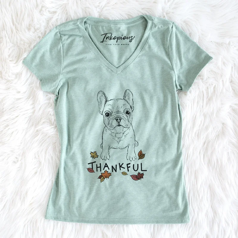 Thankful Puppy Pierre the French Bulldog - Women's V-neck Shirt-- Notch Collar Peter Pan Collar Cowl Neck