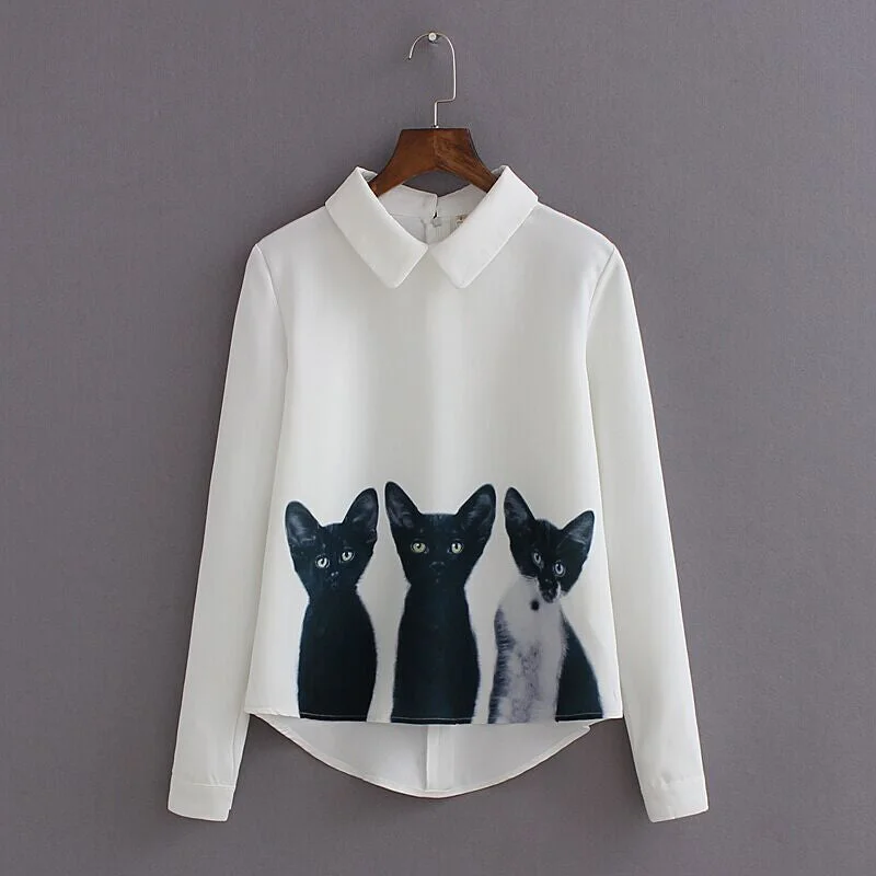 Fashion Cartoon Cat Brand Women's Loose Chiffon Three Cats Tops Long Sleeve Casual Blouse Autumn Shirts High Quality Versatile Layering Blouse
