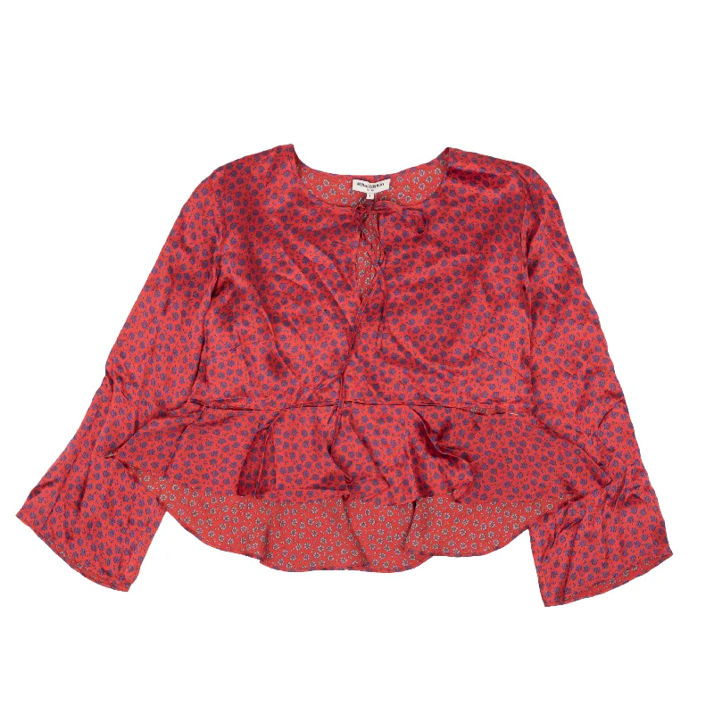 OPENING CEREMONY Red Silk Cropped Floral Flounce Blouse Cotton Casual Blouse
