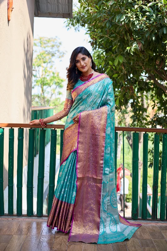 Sonakshi Women's Turquoise Banarasi Handloom Silk Zari Woven Traditional Saree with Blouse Lightweight Floral Blouse