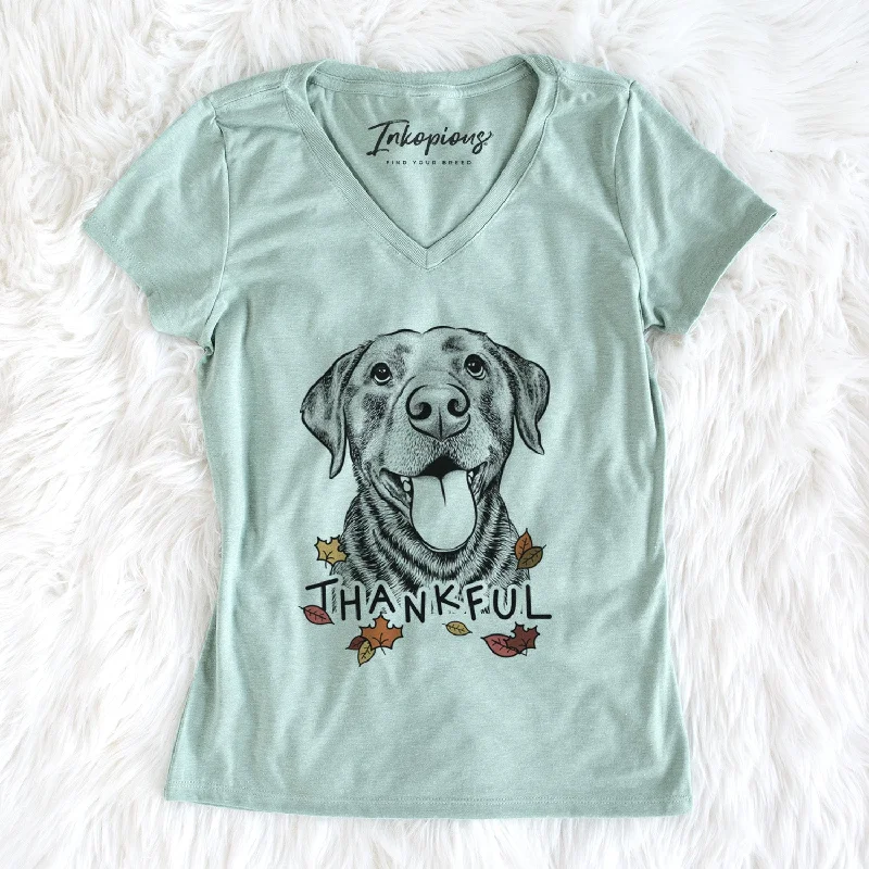 Thankful Gwen the Labrador Retriever - Women's V-neck Shirt-- Lace Blend Ribbed Blend Corduroy Blend