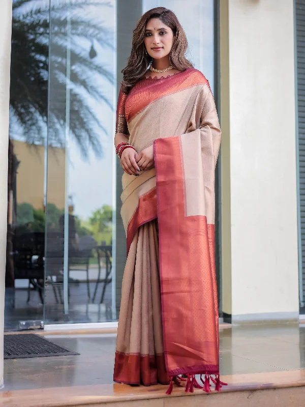 Sonakshi Women's Beige Kanjivaram Silk Zari Woven Traditional Saree with Blouse Flowy Bohemian Blouse