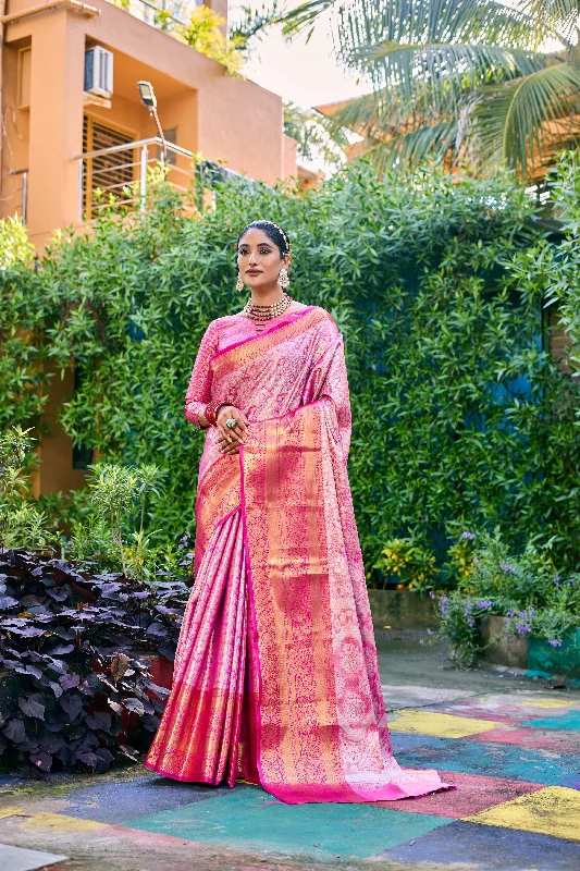 Sonakshi Women's Pink Banarasi Handloom Silk Zari Woven Traditional Saree with Blouse Embellished Collar Blouse
