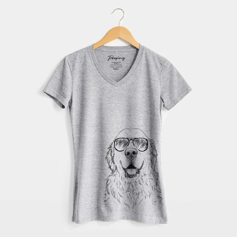 Aviator Maximus the Golden Retriever - Women's V-neck Shirt-- Zippered Front Buttoned Front Snap Front