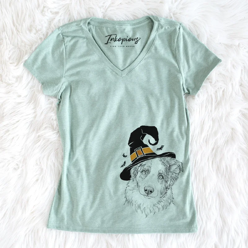 Witch HoneyBee the Miniature Australian Shepherd - Women's Perfect V-neck Shirt-- Mesh Blend Leather Blend Suede Blend