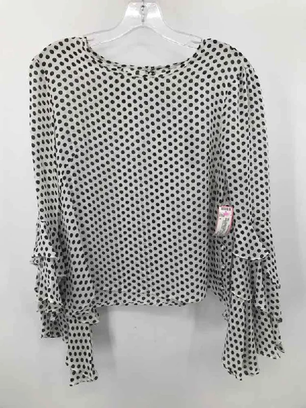 Pre-Owned Milly White Size 6 Polka Dot Long Sleeve Blouse Embellished Collar Blouse