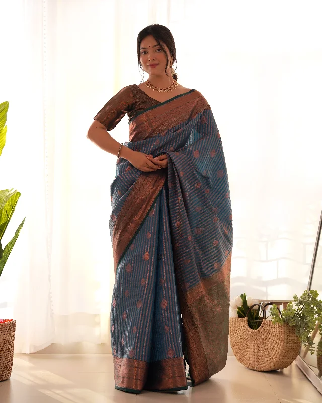 Sonakshi Women's Blue Kanjivaram Silk Zari Woven Traditional Saree with Blouse Floral Chiffon Blouse