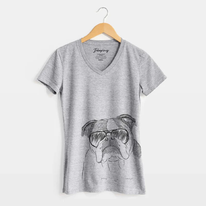 Aviator Jack the English Bulldog - Women's V-neck Shirt-- Anti-Shrink Durable Soft