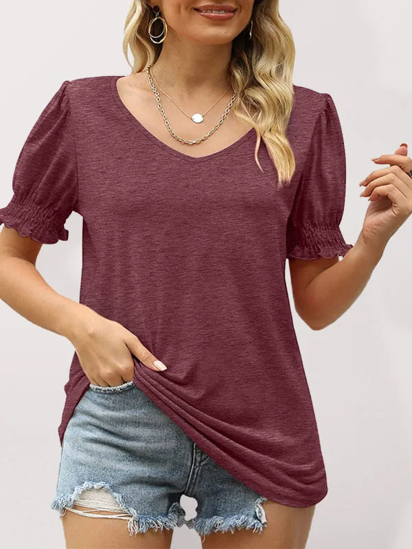 Blue Zone Planet | Summer Puff Sleeve Pleated Short Sleeve V Neck T-Shirt-- Seamless Knitted Crochet