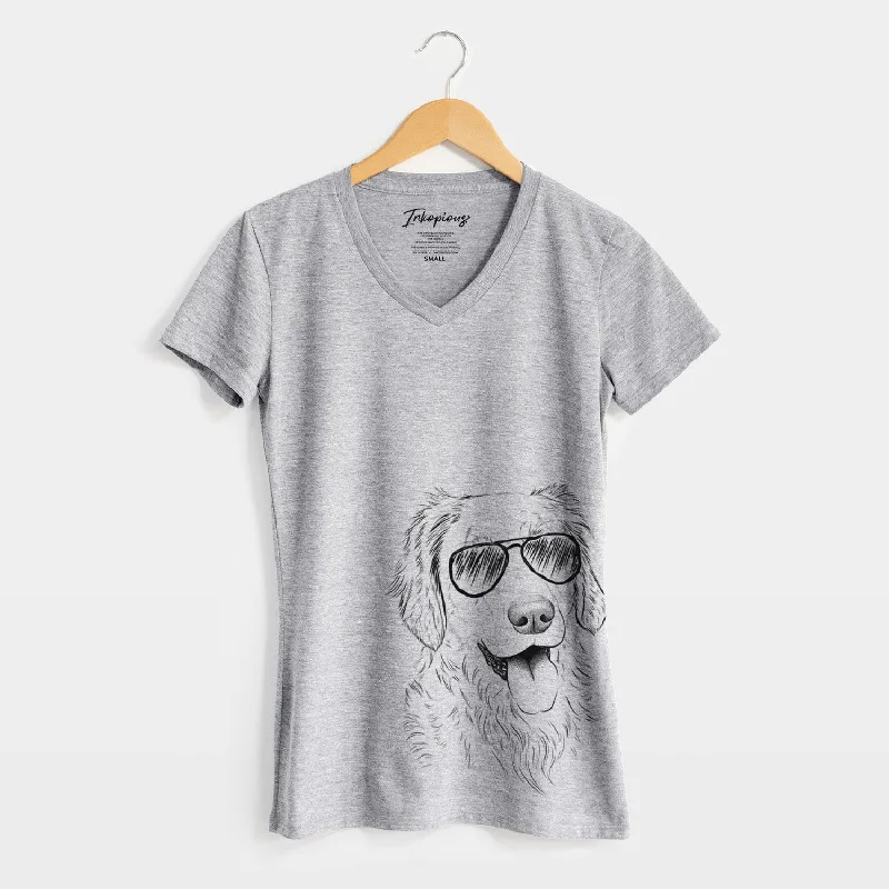Aviator Semba the Golden Retriever - Women's V-neck Shirt-- Houndstooth Herringbone Solid