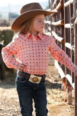 GIRLS GEOMETRIC PRINT WESTERN SHIRT - PEACH / NAVY-- Spandex Blend Rayon Blend Denim Blend