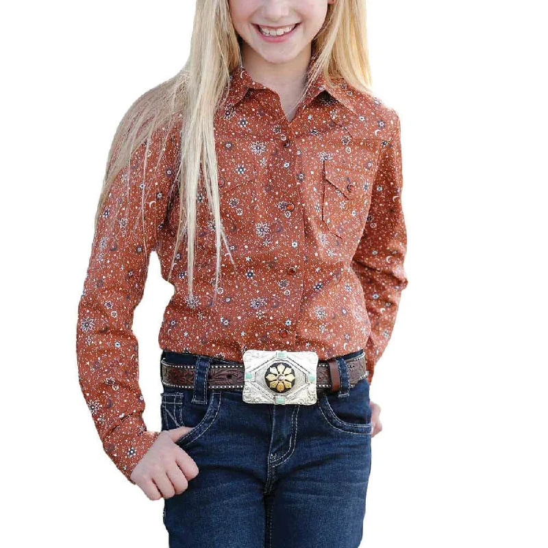 Girl's Copper Western Print Shirt-- Solid Print Embellished