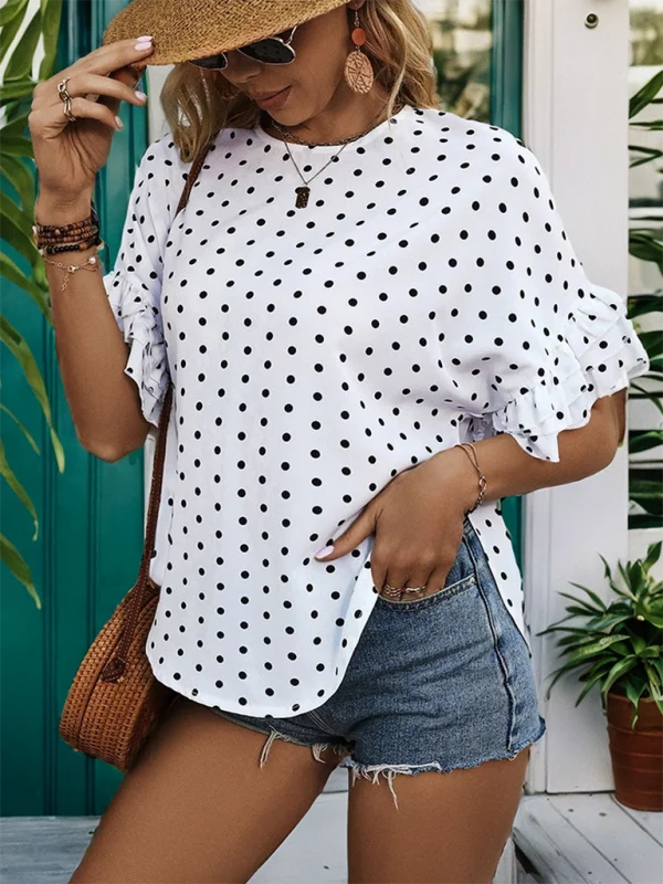Blue Zone Planet |  summer polka dot bat sleeve ruffle shirt top-- Nylon Fabric Polyester Fabric Spandex Fabric