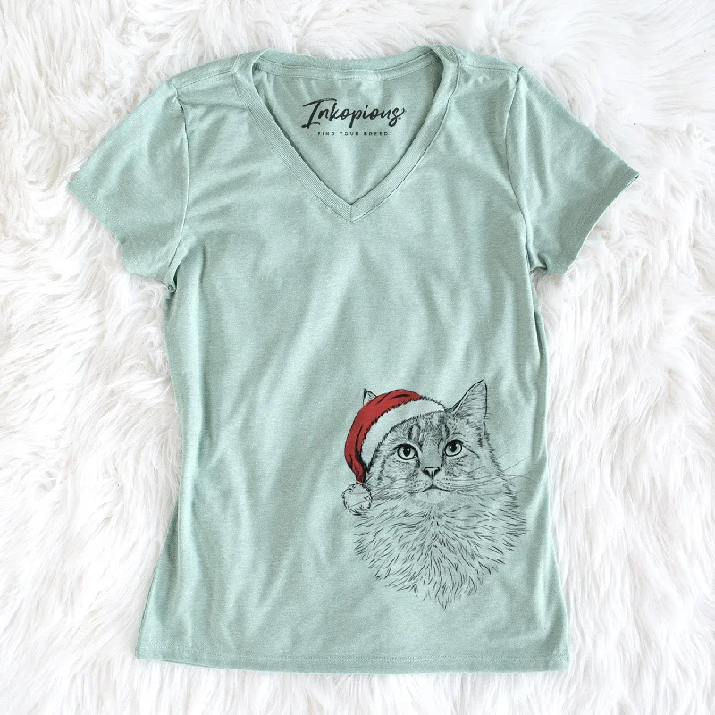 Santa Olive the Cat - Women's Perfect V-neck Shirt-- Collared T-Shirt Boat Neck A-Line