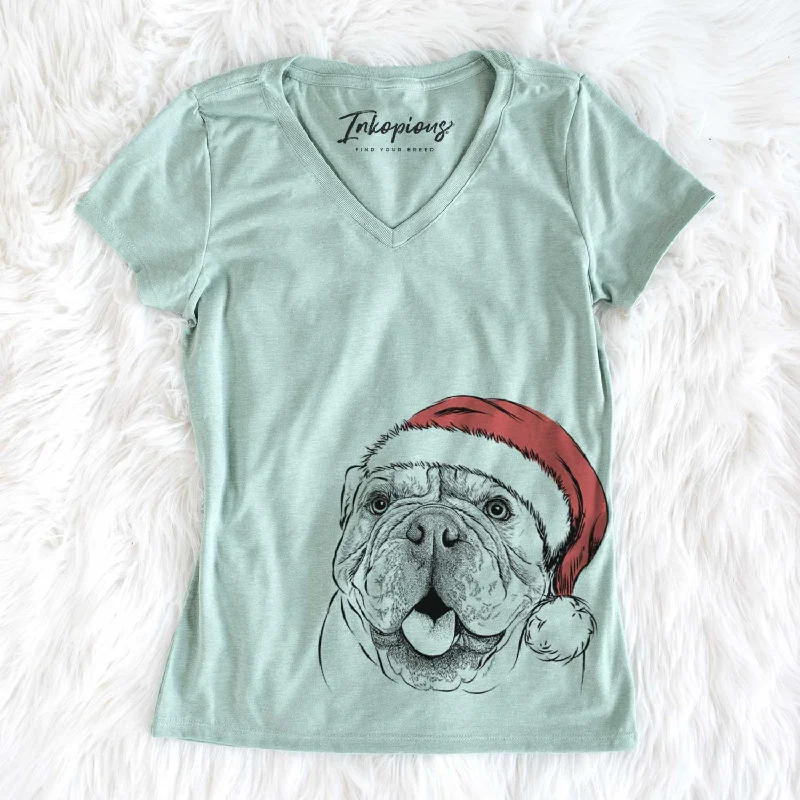 Santa Louie the English Bulldog - Women's V-neck Shirt-- Terry Blend Velvet Blend Canvas Blend