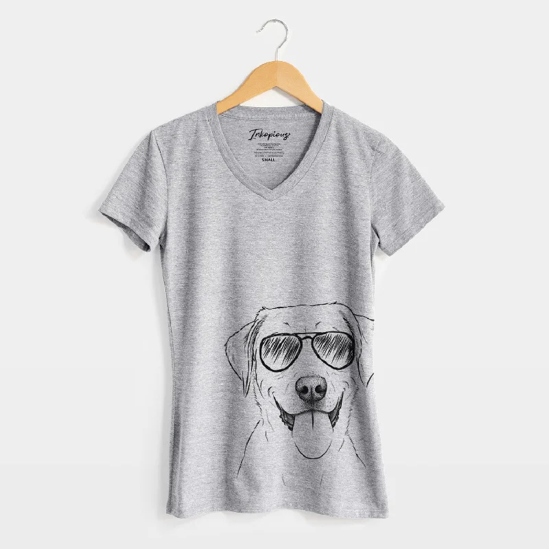 Aviator Daisy the Labrador Retriever - Women's V-neck Shirt-- Polka Dot Checkered Tartan