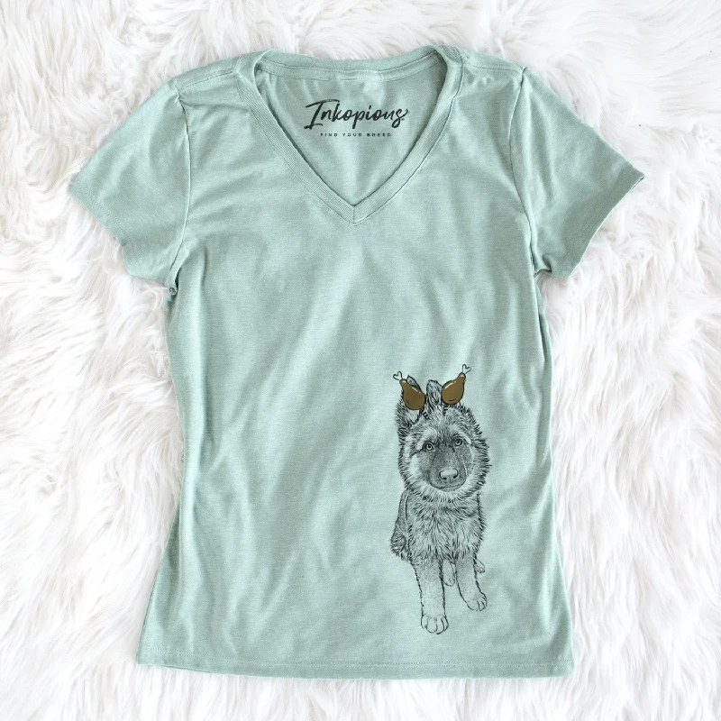 Thanksgiving Kuyo the German Shepherd - Women's Perfect V-neck Shirt-- Plaid T-Shirt Polka Dot Checkered