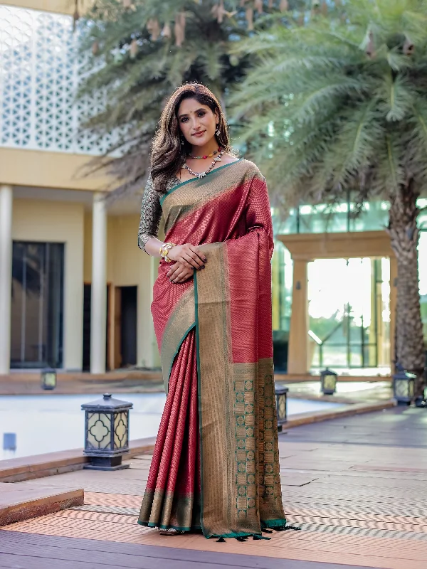 Sonakshi Women's Maroon Kanjivaram Silk Zari Woven Traditional Saree with Blouse Asymmetric Hem Blouse