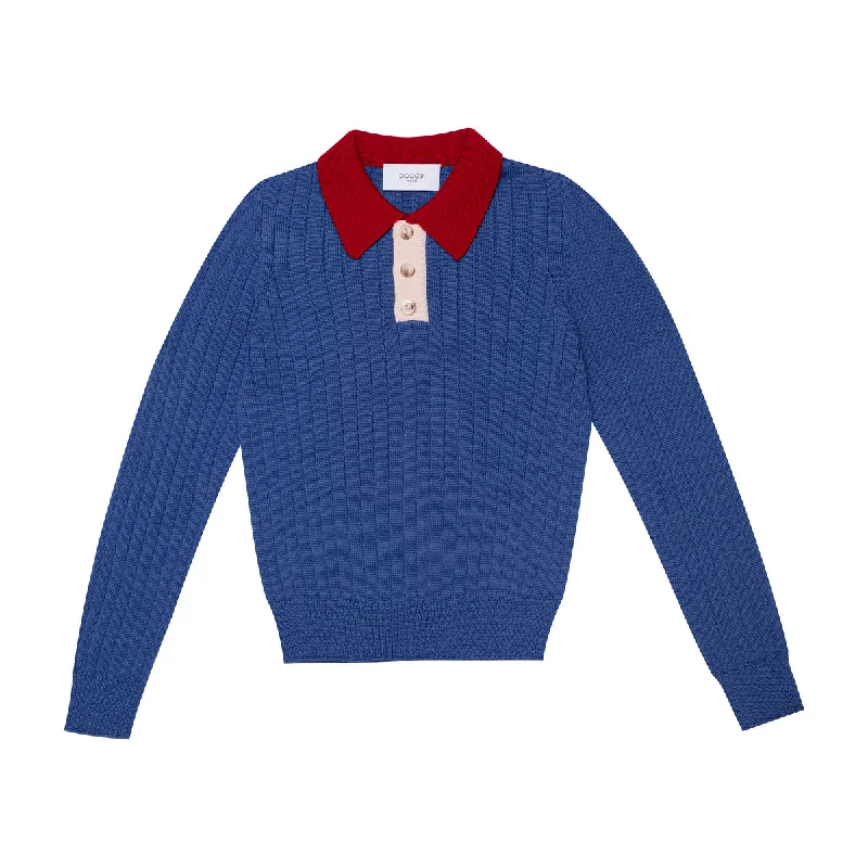 WOOL SEAMLESS KNIT POLOSHIRT-Blue-- Collared Crew Neck Turtle Neck