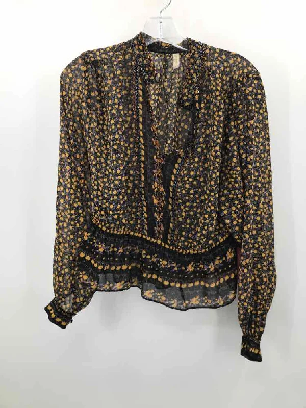 Pre-Owned Free People Black Size XS Printed Blouse Lightweight Linen Blouse