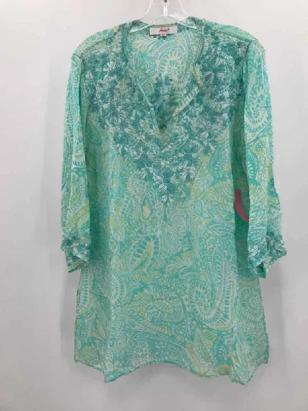 Pre-Owned Amaya Blue Size 44 Tunic Blouse Soft Satin Blouse