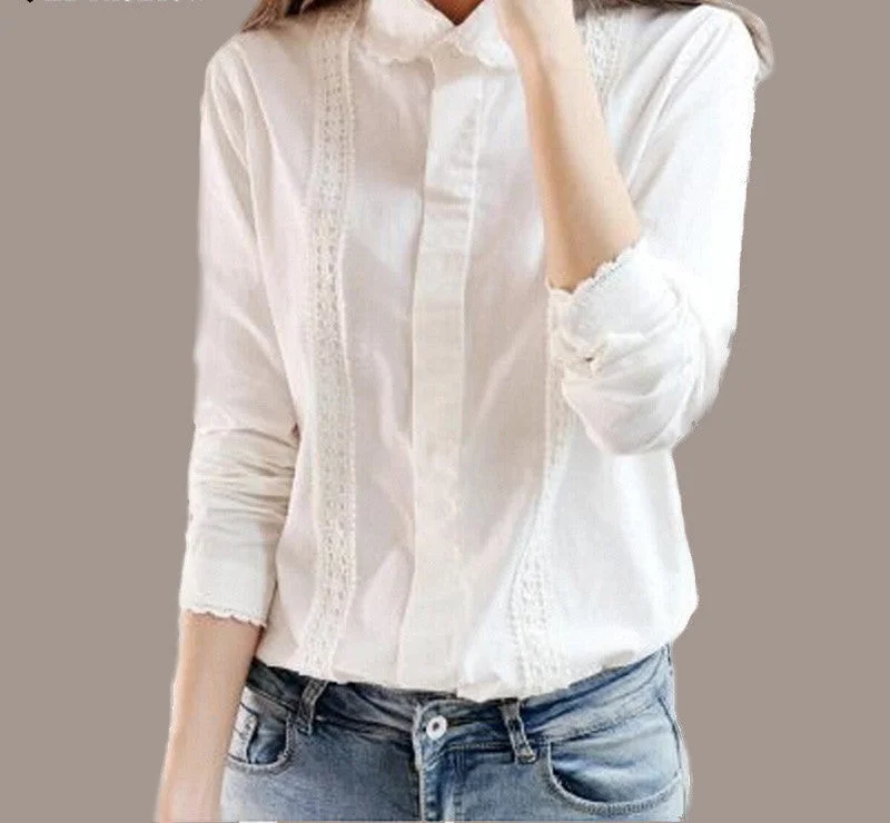White Blouse Women Work Wear Button Up Lace Turn Down Collar Long Sleeve Cotton Top Shirt Plus Size S-XXL blusas feminina T56302 Sweetheart Neck Blouse